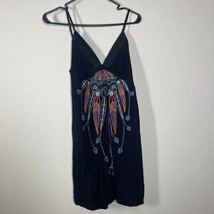 With USA Women's Black Embroidered Mini Tank Dress Small 100% Rayon!